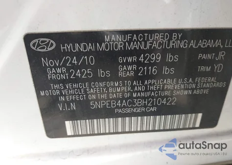 2011 Hyundai Sonata Gls z USA, uszkodzony, nr VIN 5NPEB4AC3BH210422